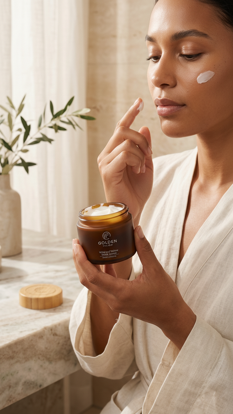Woman applying cream to her face with a jar of cream in her hand, in a softly lit room.