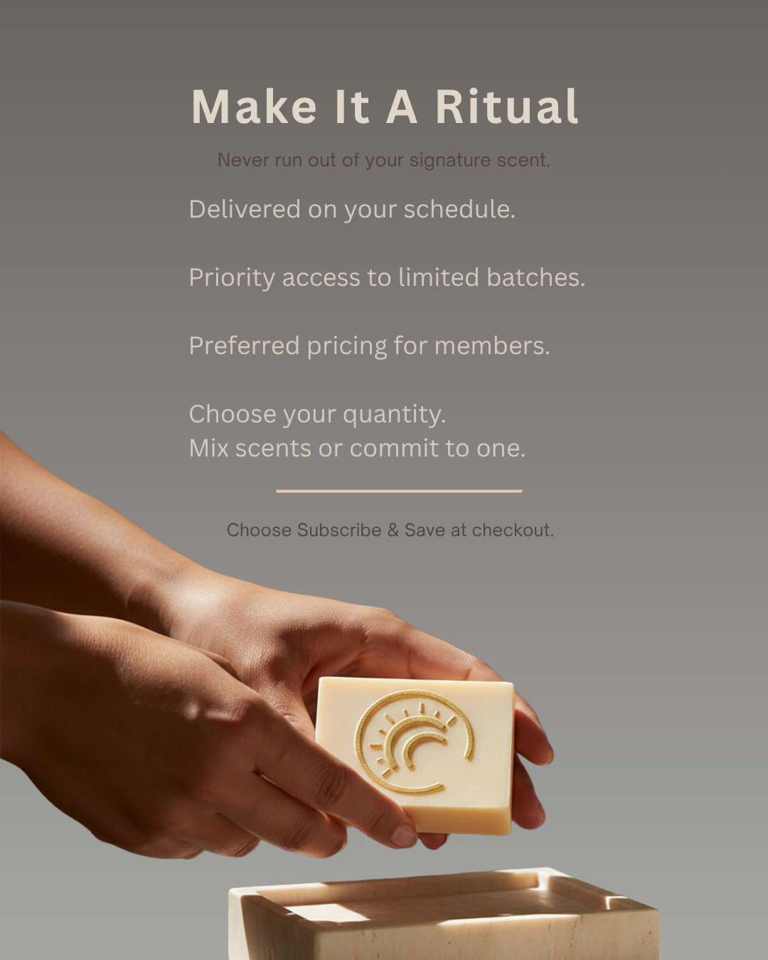Person holding a bar of soap with a gray background and subscription for soaps text.