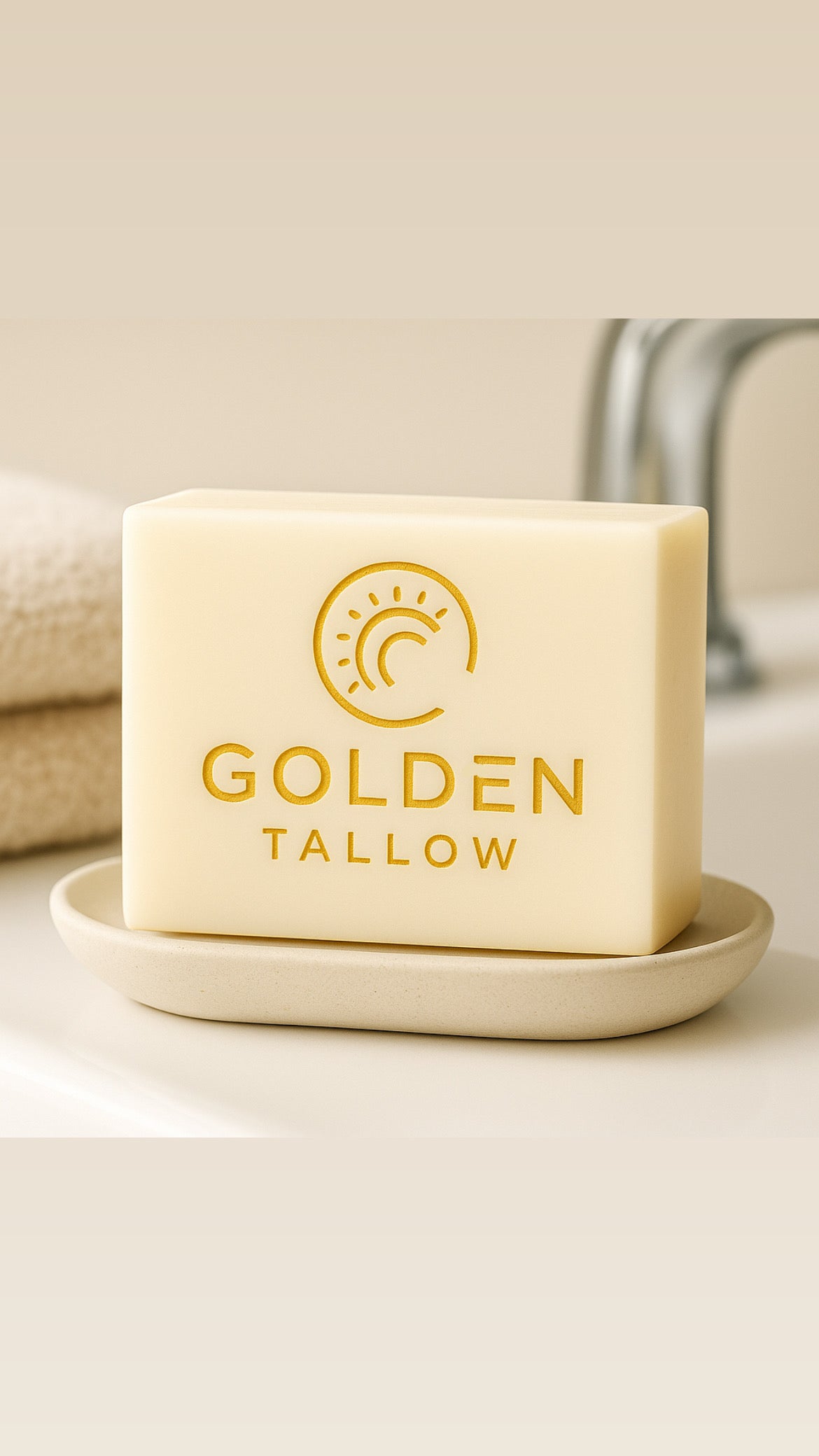 Bar of soap with 'Golden Tallow' branding on a white surface